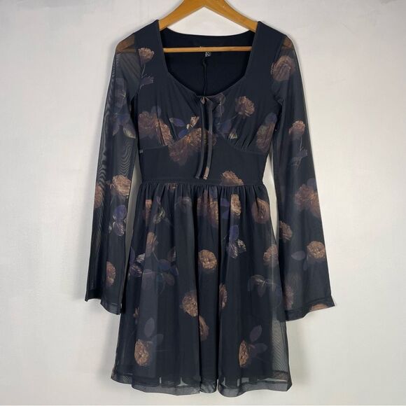 Disturbia Monica Floral Print Mesh Skater Dress Size 2 NEW Whimsigoth Dark Fairy - Picture 2 of 9